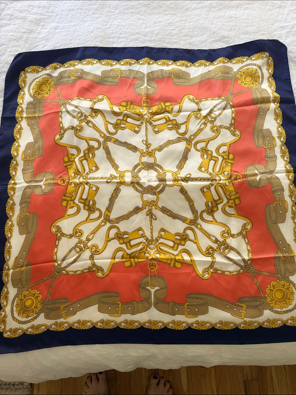 Coral, Navy and Cream Chain-Print Silk-Feel Scarf